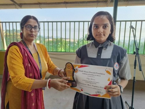 World Abacus Research Foundation Certificate of excellence in abacus Priya Sheoron VII A secured 3rd place in level 1