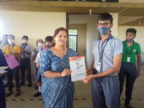 Shubham Jha and Bhumi Raut (missing in the picture) second runner up of the quiz competition held at GVM's SNJA HSS, Ponda. Organised by Harshwardhan Bhatkuly as a part of India 75 years of  celebration