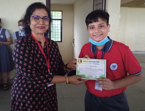 Ayush Dalvi of std VI won the first place at a drawing competition organised by Chinmaya Yuva Kendra, Ponda to celebrate the freedom week.