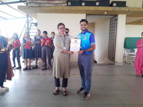 Nikesh Prabhu got a certificate of appreciation as the mentor to train team of Utkarsh Vidyamandir who won second place in 11th SRS Ponda taluka school Chess Championship 2023.