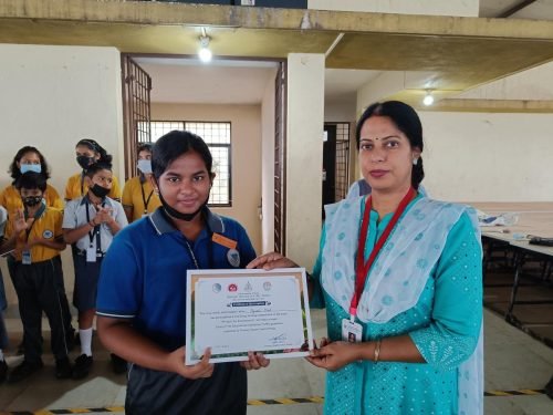 Ayushi Naik received a certificate of participation for an essay writing competition on the topic, protect the environment against tobacco organised by Primary Health Centre, Ponda